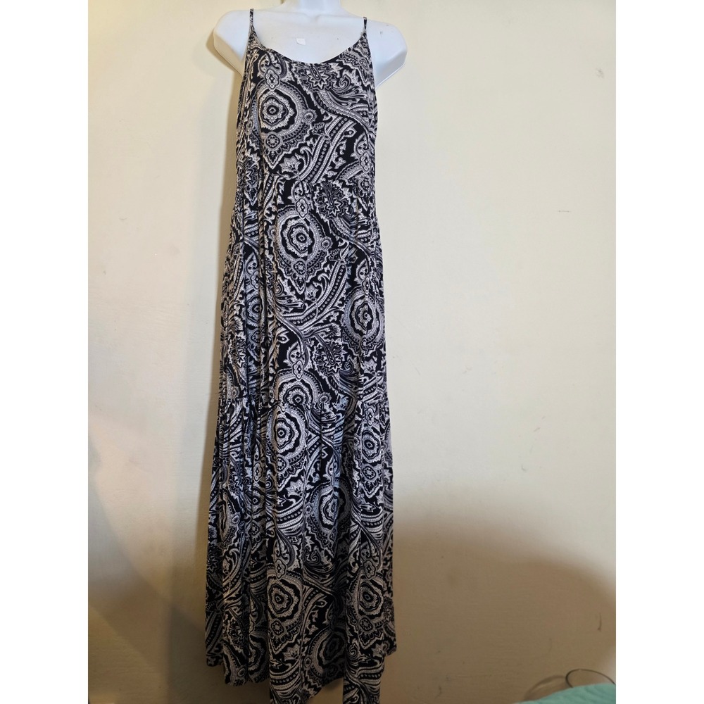 ANGL Black White Paisley Print Maxi Dress Spaghetti Strap Boho Tiered Small